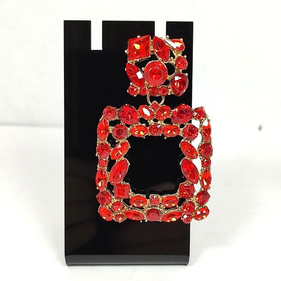Gold Tone Metal Red Plastic Rhinestone Opulent Chandelier Earrings Square Drop - Picture 3 of 16